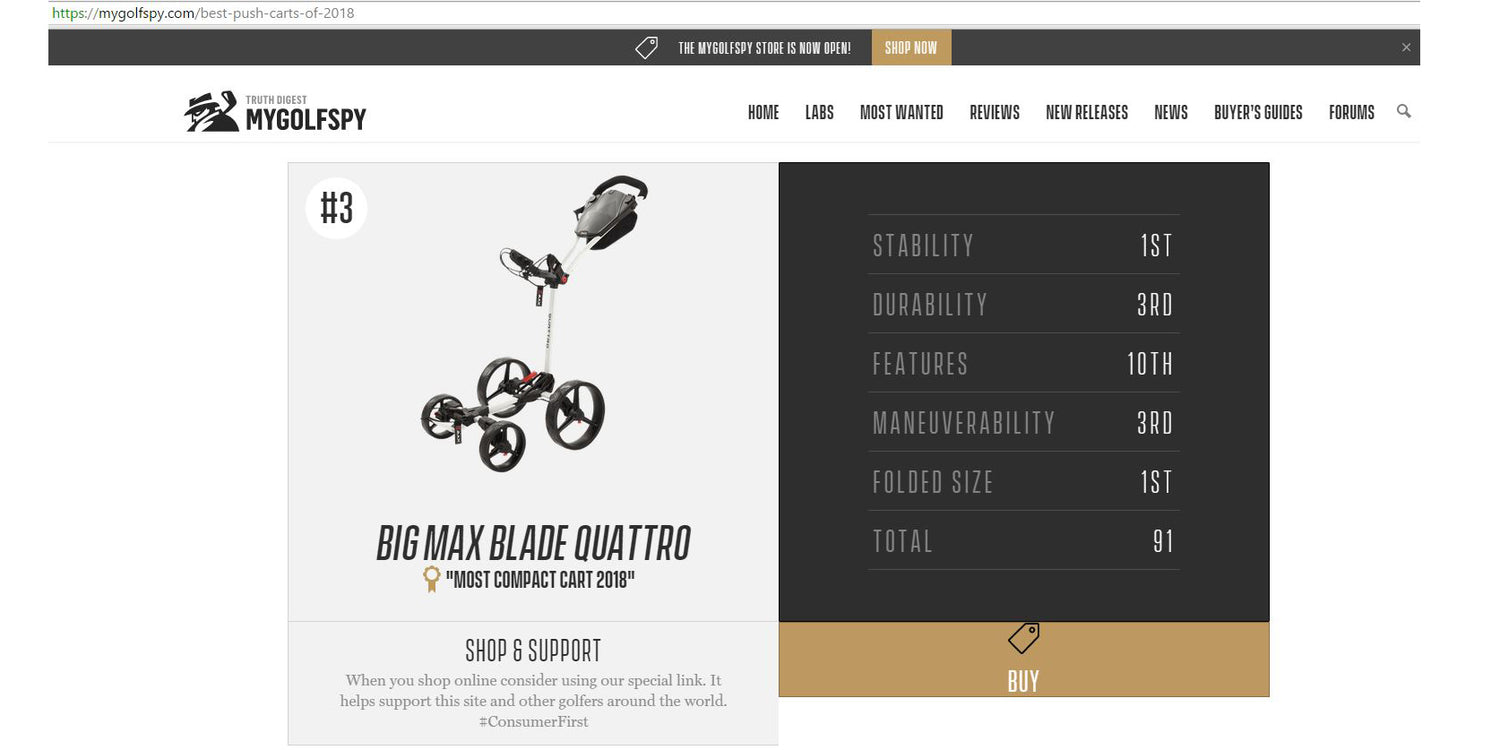 Golf Spy zeichnet BLADE Quattro aus: “MOST COMPACT CART 2018”